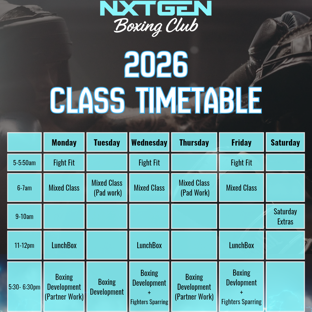 2026 Class Timetable for NXTGEN Boxing Club with class schedule and contact information.